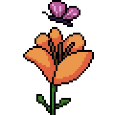 Kelebek piksel sanatı ve çiçek yalıtılmış arka plan