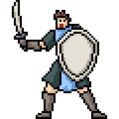 Kılıç kalkanı savaşçısının piksel sanatı izole edilmiş arka plan