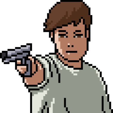 Genç silahlı adamın piksel sanatı izole edilmiş arka plan