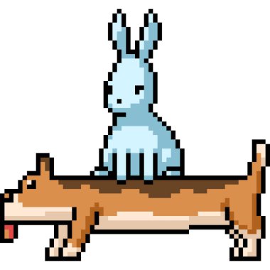 Tavşan piksel sanatı izole edilmiş bir köpeğin üzerinde oturur.