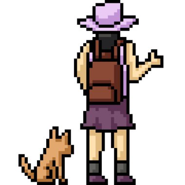 Kadın sırt çantasının piksel sanatı izole edilmiş arka plan yolculuğu