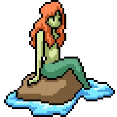 Yeşil deniz kızının piksel sanatı izole bir zemin üzerinde oturuyor