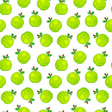 Beyaz arka planda izole edilmiş renkli karikatür elmalı, dikişsiz desen. Basit vektör sulu yiyecekleri karala. Meyve suyu paketleme tasarımı. Yaz kumaşı baskı şablonu.