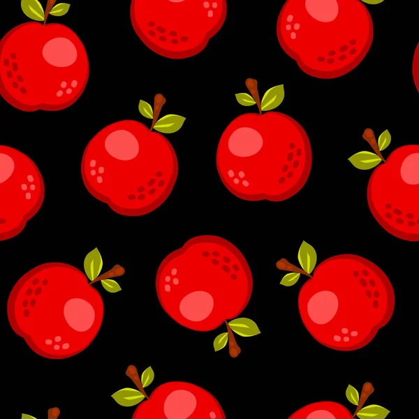 黒の背景に隔離された赤い漫画のリンゴの果実シームレスなパターン 単純なベクトルジューシーな食べ物をかわす ジュースのパッケージデザイン 夏の生地 Print — ストックベクタ