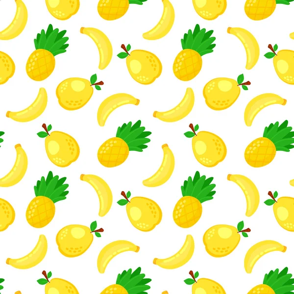 Colorful Cartoon Pineapple Banana Pear Fruit Seamless Pattern Isolated White — Stock Vector