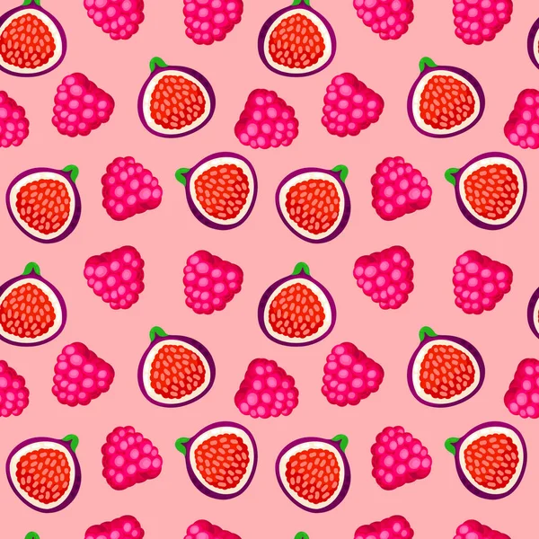 カラフルな漫画のラズベリーとイチジクの果物のシームレスなパターンは 白い背景に隔離された 単純なベクトルジューシーな食べ物をかわす ジュースのパッケージデザイン 夏の生地 Print — ストックベクタ