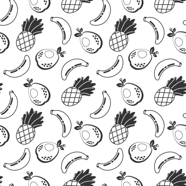 Doodle Outline Pineapple Banana Pear Fruit Seamless Pattern Isolated White — Stock Vector