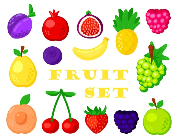 Colorful Cartoon Fruit Icon Set Isolated White Background Doodle Simple — Stock Vector