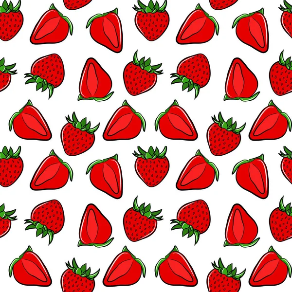 色彩斑斓的草莓无缝隙花纹 背景白色 数字矢量织物打印模板与红色浆果 手绘多汁水果包装设计 — 图库矢量图片