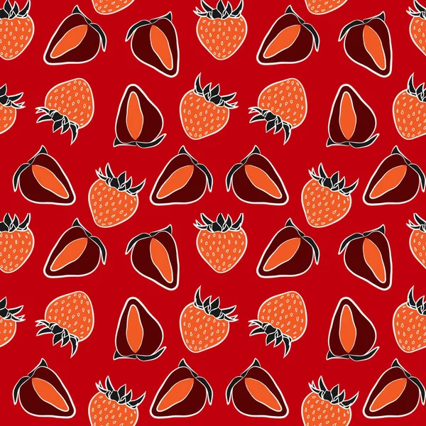 白を基調としたカラフルなイチゴのシームレスなパターン 赤い果実と落書きベクトルファブリック印刷テンプレート 手描きジューシーなフルーツパッケージデザイン — ストックベクタ