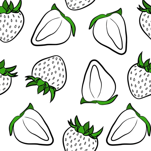 概要白を基調としたイチゴのシームレスなパターン 果実と落書きベクトルファブリック印刷テンプレート 手描きフルーツ ジュースパッケージデザイン — ストックベクタ