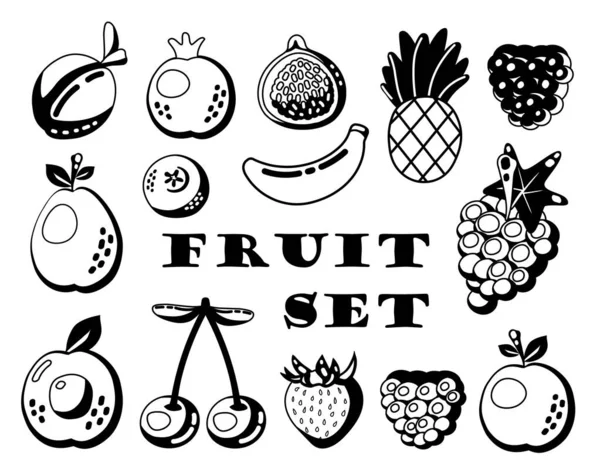 Delineamento Simples Ícone Frutas Definido Isolado Fundo Branco Doodle Linha — Vetor de Stock