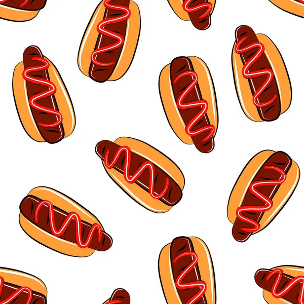 Cartoon Hot Dog Fast Food Nahtlose Muster Isoliert Auf Weißem — Stockvektor