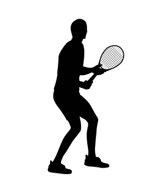 Tenis raketiyle insan vücudu silueti. Basit gölge şekli amblemi, beyaz arka planda izole edilmiş siyah simge. Logo tasarım elemanı. Sportif adam, spor oyunu oynuyor..