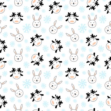 Tavşanlı ve geyik hayvanlı şirin bir Noel deseni. Çizgi film vektör bebek odası duvar kağıdı. Kağıt paketleme ya da albüm tasarımı.