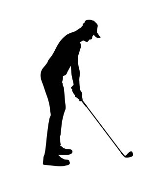 Golf oyuncusu insan silueti. Vektör basit gölge şekli, düz siyah simge beyaz arka planda izole edilmiş. Logo amblem tasarım elemanı. Sportif adam, spor oyunu oynuyor..