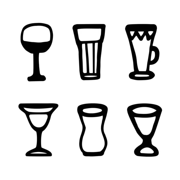Esquema Vectorial Conjunto Iconos Vasos Alcohol Tipos Vasos Bebidas Alcohólicas — Vector de stock
