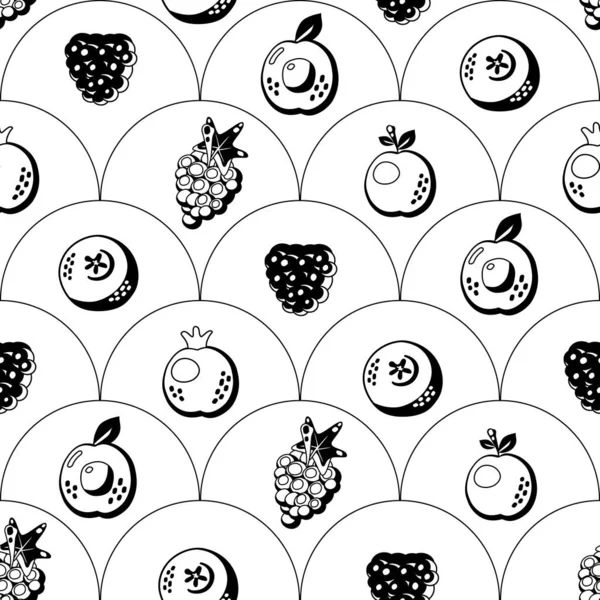 アブストラクトフルーツとベリーのシームレスパターン 線形ファブリックプリントテンプレート ベクトル図 行の幾何学的な形状 ヴィンテージの壁紙デザイン 甘い食べ物スケッチ — ストックベクタ