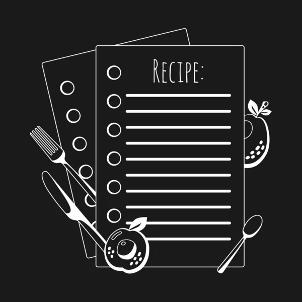 矩形黑板涂鸦绘图模板的设计 食物烹饪书籍页图标孤立在白色背景上 烹调概念 — 图库矢量图片