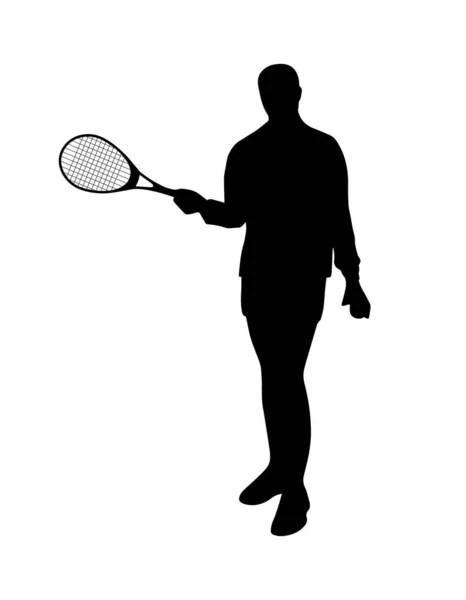 テニスラケット付きの人体シルエット ベクトルシンプルな影の形の紋章 白い背景に隔離された平らな黒いアイコン ロゴデザイン要素 スポーツマン スポーツゲームをする — ストックベクタ