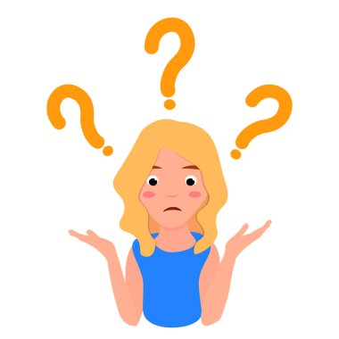 Kafası karışmış kadın yüzü. Soru ikilemi sorununun basit düz vektör çizimi, beyaz çizgi film karakteri izole edilmiş, iş arama analizi işareti.