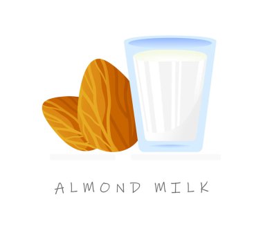 Gerçekçi çizgi film bitki sütü afişi. Renkli badem sütlü vektör çizimi. Beyaz zemin üzerinde izole edilmiş bir bardak süt ve badem fıstığı ikonu.