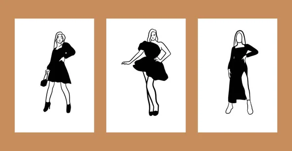 女性の体型ポスター 単純なベクターハンドイラストを描いた ファッション美容印刷セット 影のシルエット肖像画 — ストックベクタ