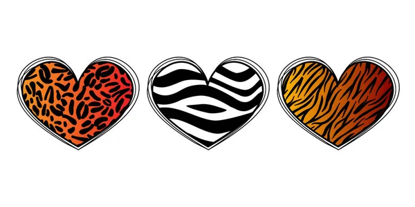 动物皮肤图案心脏设置 野生斑马 老虎和豹纹 爱情概念的标志 — 图库矢量图片
