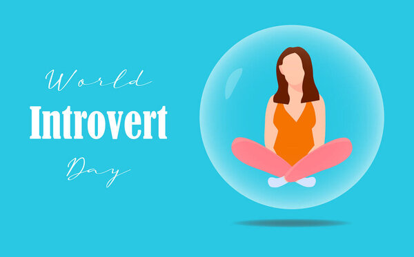 World introvert day holiday celebration web banner. Vector concept illustration. Young woman in soap bubble.