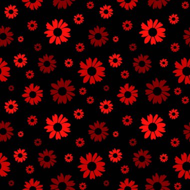 Çiçeksiz desen. Botanik kumaş deseni. Siyah arka planda kırmızı papatya çiçekleri olan vektör çizimi. Kırsal desen.