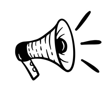 Megafon çizimi. Tek renkli doğrusal stil. Basit hoparlör simgesi beyaz arkaplanda izole edildi.