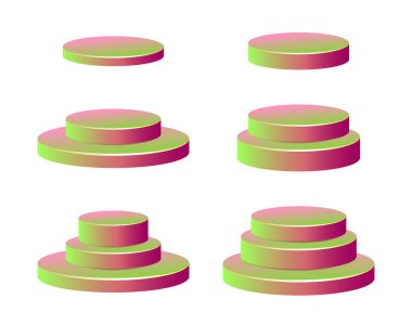 Gerçekçi vektör podyumu seti, 3D sahne modeli. Yuvarlak şekilli ödül kaidesi, vitrin standı platformu.