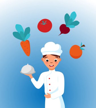 Vektör gülümseyen adam farklı sebzelerle yemek pişiriyor. Karikatür kavramsal tasviri, gıda içerikli ve erkek karakterli. Restoran ya da kafe pişirme afişi tasarımı.