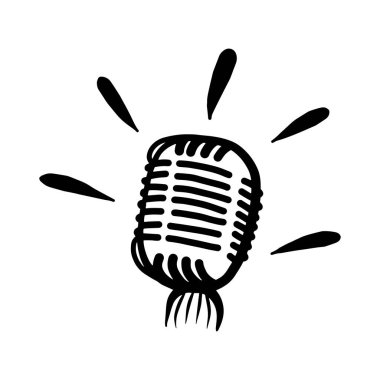 Beyaz arka planda izole edilmiş bir mikrofon. Şarkı söylemek, gösteri yapmak, karaoke yapmak için müzikal malzeme. Çizim tarzında vektör el çizimi. Kartlar, dekorasyonlar, logolar için mükemmel.