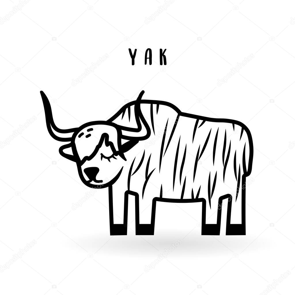 Cartoon yak animal isolated on white. Cute icon character, vector zoo, wildlife poster.