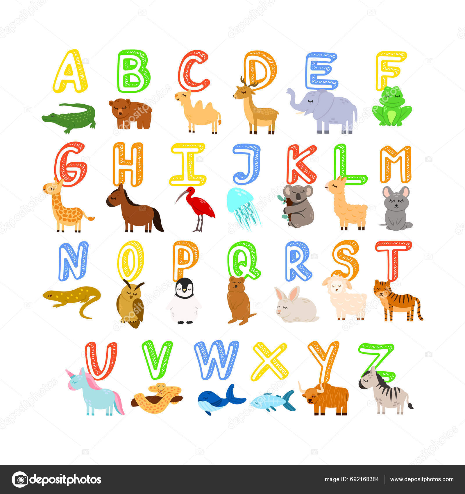 Cartoon Animals Alphabet Kids Learn Letters Funny Animal Zoo Abc Stock ...