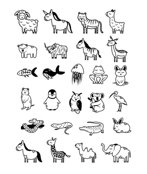 Cartone Animato Doodle Animali Icona Set Bambini Divertente Simpatico Animale — Vettoriale Stock
