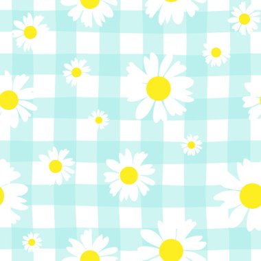 Çiçeksiz desen. Botanik kumaş deseni. Beyaz papatya çiçekleriyle vektör illüstrasyonu. 