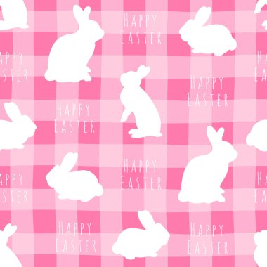 Happy Easter holiday seamless pattern. Abstract bunny shape with colorful eggs. Greeting card template.