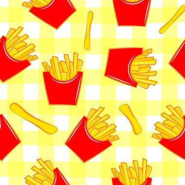 Patates kızartması fast food vektör şablonu. Sağlıksız abur cubur duvar kağıdı. Çizgi film renkli düz çizimler beyaz arkaplanda izole edildi.