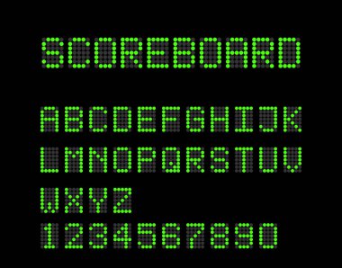 Vektör skorbord yazı tipi. Spor oyunları veya havaalanı için numaralar ve harf koleksiyonu.