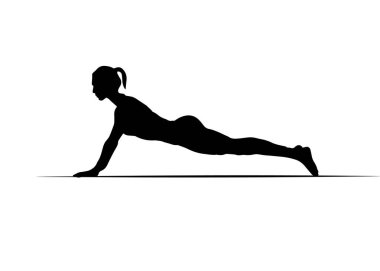 Tahta yoga silueti yapan aktif bir kadın..
