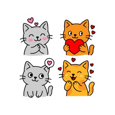 Sevimli çizgi film kedileri aşk ikonu setinde.