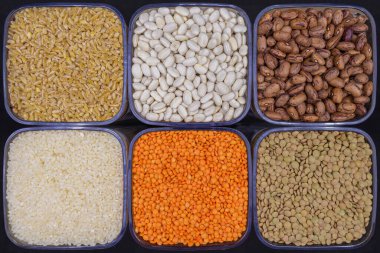 Various legumes and grains. Beans, kidney beans, green lentils, red lentils, rice and wheat.