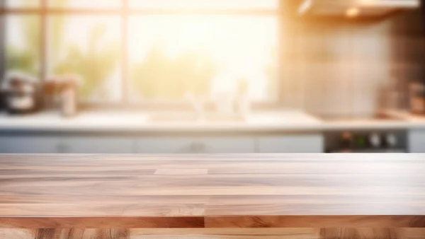 Schöne Leere Braune Holztischplatte Und Unscharf Defokussierte Moderne Kücheneinrichtung Mit lizenzfreie Stockbilder