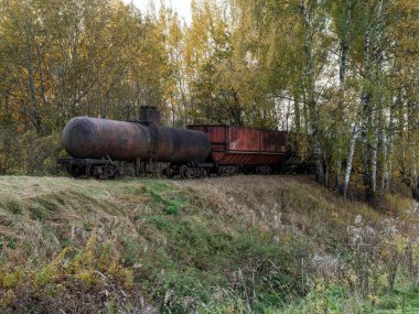 Sonbaharın sonlarında raylarda dinlenen paslı, eski tren yolu.