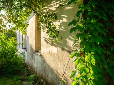 Duvarları ve pencereleri olan eski kırsal yapı detayları