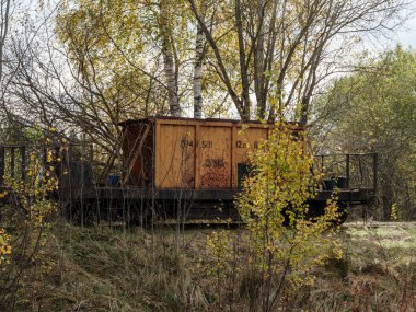 Sonbaharın sonlarında raylarda dinlenen paslı, eski tren yolu.