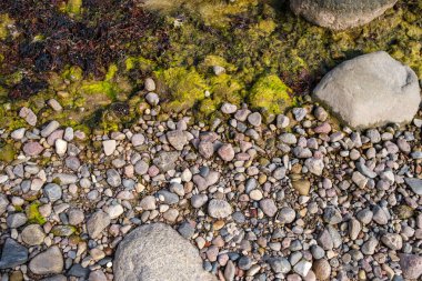 Kum plajı kayalar ve tahta çubuklarla özetlenmiş.