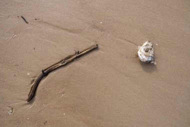 Kum plajı kayalar ve tahta çubuklarla özetlenmiş.